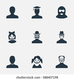 Set Of 9 Simple Human Icons. Can Be Found Such Elements As Moustache Man, Postgraduate, Portrait And Other.