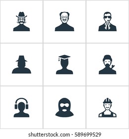 Set Of 9 Simple Human Icons. Can Be Found Such Elements As Whiskers Man, Proletarian, Mysterious Man And Other.