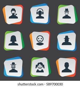 Set Of 9 Simple Human Icons. Can Be Found Such Elements As Little Girl, Spy, Moustache Man And Other.