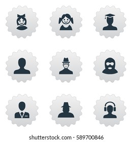 Set Of 9 Simple Human Icons. Can Be Found Such Elements As Felon, Workman, Little Girl And Other.