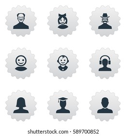 Set Of 9 Simple Human Icons. Can Be Found Such Elements As Whiskers Man, Postgraduate, Male With Headphone And Other.