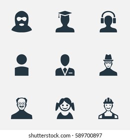 Set Of 9 Simple Human Icons. Can Be Found Such Elements As Felon, Little Girl, Postgraduate And Other.