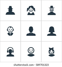 Set Of 9 Simple Human Icons. Can Be Found Such Elements As Moustache Man, Girl Face, Woman User And Other.
