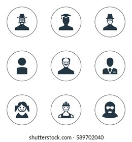 Set Of 9 Simple Human Icons. Can Be Found Such Elements As Felon, Little Girl, Proletarian And Other.