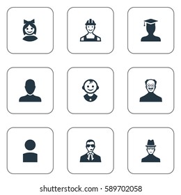 Set Of 9 Simple Human Icons. Can Be Found Such Elements As Spy, Job Man, Postgraduate And Other.