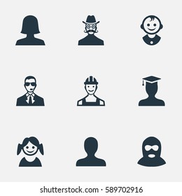 Set Of 9 Simple Human Icons. Can Be Found Such Elements As Postgraduate, Bodyguard, Portrait And Other.