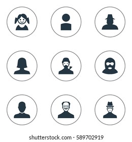 Set Of 9 Simple Human Icons. Can Be Found Such Elements As Mysterious Man, Little Girl, Insider And Other.