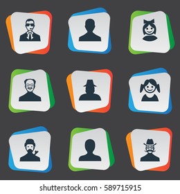 Set Of 9 Simple Human Icons. Can Be Found Such Elements As Mysterious Man, Girl Face, Agent And Other.