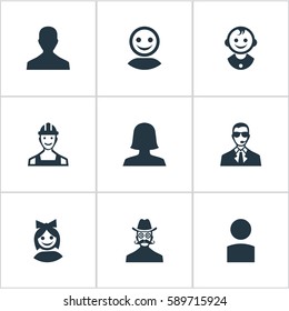 Set Of 9 Simple Human Icons. Can Be Found Such Elements As Young Shaver, Insider, Male User And Other.