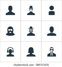 Set Of 9 Simple Human Icons. Can Be Found Such Elements As Felon, Job Man, Spy And Other.