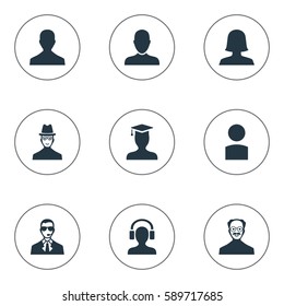 Set Of 9 Simple Human Icons. Can Be Found Such Elements As Postgraduate, Male User, Insider And Other.