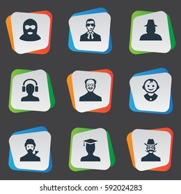 Set Of 9 Simple Human Icons. Can Be Found Such Elements As Young Shaver, Bodyguard, Felon And Other.