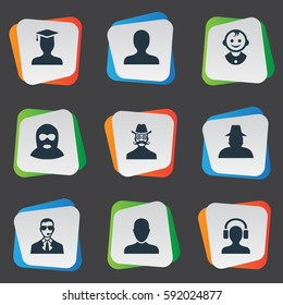Set Of 9 Simple Human Icons. Can Be Found Such Elements As Portrait, Bodyguard, Male With Headphone And Other.