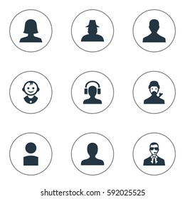 Set Of 9 Simple Human Icons. Can Be Found Such Elements As Portrait, Young Shaver, Male With Headphone And Other.