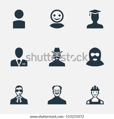 Set Of 9 Simple Human Icons. Can Be Found Such Elements As Felon, Whiskers Man, Insider And Other.