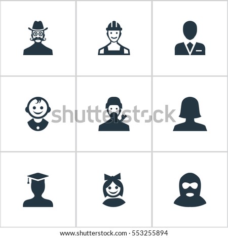 Set Of 9 Simple Human Icons. Can Be Found Such Elements As Girl Face, Felon, Young Shaver And Other.