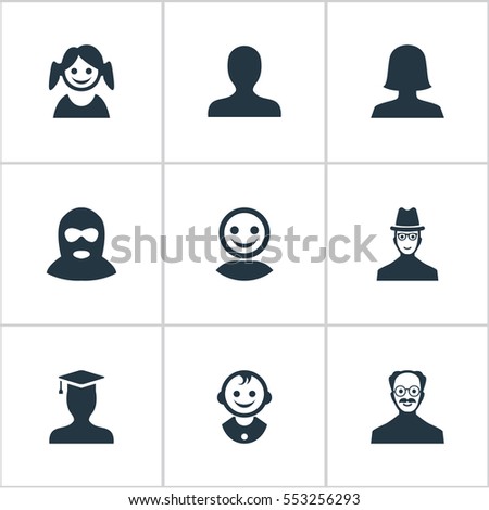 Set Of 9 Simple Human Icons. Can Be Found Such Elements As Little Girl, Internet Profile, Spy And Other.