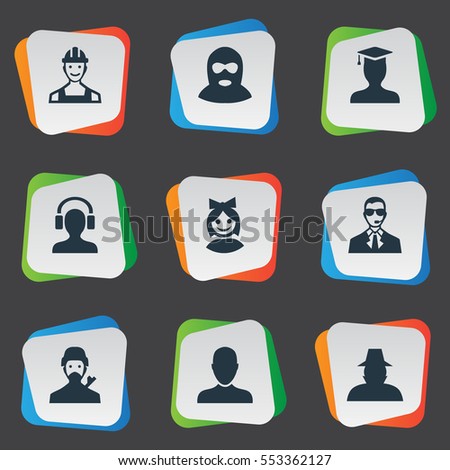 Set Of 9 Simple Human Icons. Can Be Found Such Elements As Felon, Proletarian, Agent And Other.