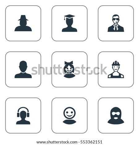 Set Of 9 Simple Human Icons. Can Be Found Such Elements As Postgraduate, Bodyguard, Felon And Other.