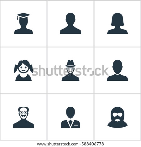 Set Of 9 Simple Human Icons. Can Be Found Such Elements As Little Girl, Postgraduate, Felon And Other.