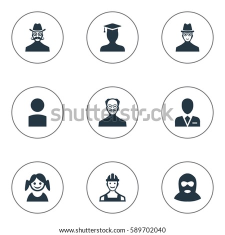 Set Of 9 Simple Human Icons. Can Be Found Such Elements As Felon, Little Girl, Proletarian And Other.