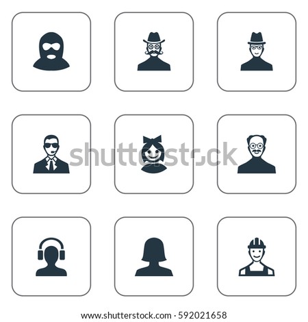 Set Of 9 Simple Human Icons. Can Be Found Such Elements As Felon, Proletarian, Male With Headphone And Other.