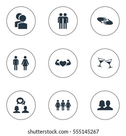 Set Of 9 Simple  Icons. Can Be Found Such Elements As Beverage, Beloved, Partner And Other.