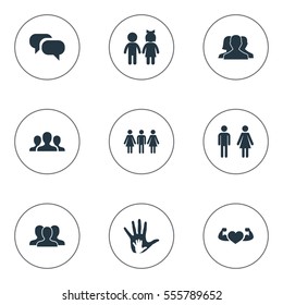 Set Of 9 Simple  Icons. Can Be Found Such Elements As Children, Unity, Gossip And Other.