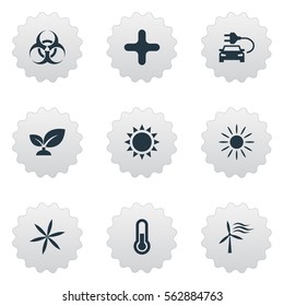 Set Of 9 Simple  Icons. Can Be Found Such Elements As Windmill, Fahrenheit, Sunglow And Other.