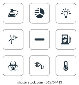 Set Of 9 Simple  Icons. Can Be Found Such Elements As Windmill, Diagram, Bulb And Other.