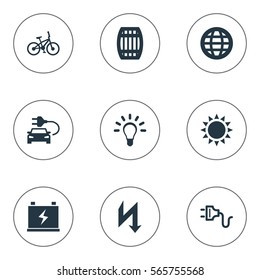 Set Of 9 Simple  Icons. Can Be Found Such Elements As Daylight, Bulb, Velocipede And Other.