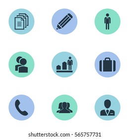 Set Of 9 Simple  Icons. Can Be Found Such Elements As Partnership, Calling, Record And Other.