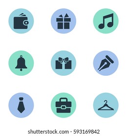 Set Of 9 Simple  Icons. Can Be Found Such Elements As Business Bag, Hanger, Billfold And Other.