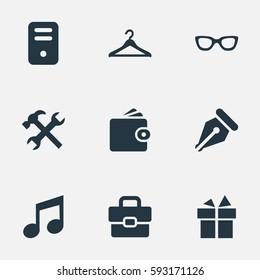 Set Of 9 Simple  Icons. Can Be Found Such Elements As Business Bag, Present, System Unit And Other.