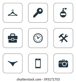Set Of 9 Simple  Icons. Can Be Found Such Elements As Mobile Phone, Underwear, Repair And Other.