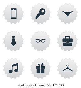 Set Of 9 Simple  Icons. Can Be Found Such Elements As Music, Cravat, Business Bag And Other.