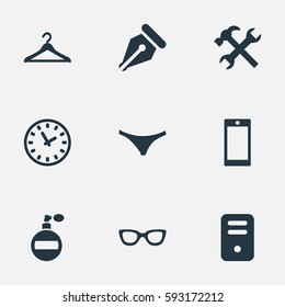 Set Of 9 Simple  Icons. Can Be Found Such Elements As System Unit, Eyeglasses, Ink Pencil And Other.