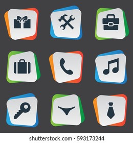 Set Of 9 Simple  Icons. Can Be Found Such Elements As Music, Underwear, Call Button And Other.