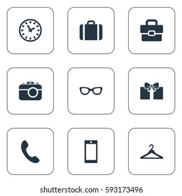 Set Of 9 Simple  Icons. Can Be Found Such Elements As Eyeglasses, Briefcase, Call Button And Other.
