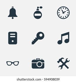 Set Of 9 Simple  Icons. Can Be Found Such Elements As System Unit, Password, Digital Camera And Other.