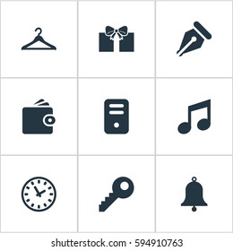 Set Of 9 Simple  Icons. Can Be Found Such Elements As Music, Ink Pencil, Password And Other.