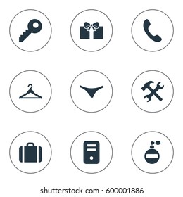 Set Of 9 Simple  Icons. Can Be Found Such Elements As Briefcase, Fragrance, System Unit And Other.