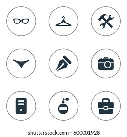 Set Of 9 Simple  Icons. Can Be Found Such Elements As Repair, Fragrance, Hanger And Other.