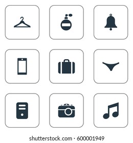 Set Of 9 Simple  Icons. Can Be Found Such Elements As Mobile Phone, Underwear, Hanger And Other.