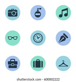 Set Of 9 Simple  Icons. Can Be Found Such Elements As Digital Camera, Time, Ink Pencil And Other.