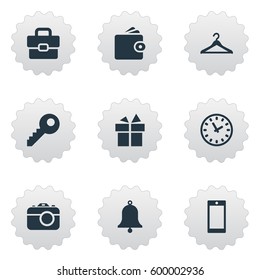 Set Of 9 Simple  Icons. Can Be Found Such Elements As Digital Camera, Password, Ring And Other.