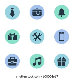 Set Of 9 Simple  Icons. Can Be Found Such Elements As Ring, Business Bag, Cravat And Other.