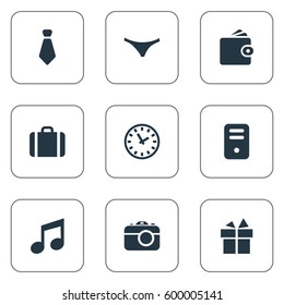 Set Of 9 Simple  Icons. Can Be Found Such Elements As Music, Cravat, Time And Other.