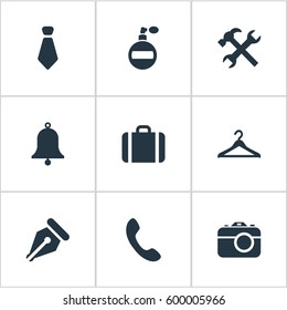 Set Of 9 Simple  Icons. Can Be Found Such Elements As Fragrance, Digital Camera, Ring And Other.