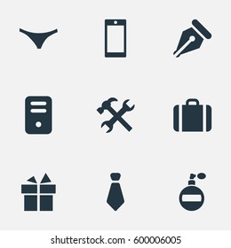 Set Of 9 Simple  Icons. Can Be Found Such Elements As Briefcase, Ink Pencil, Present And Other.